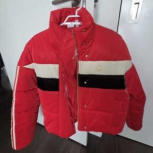 Adidas - Iconic Red Puffer Bomber Jacket with Black & Cream Bands